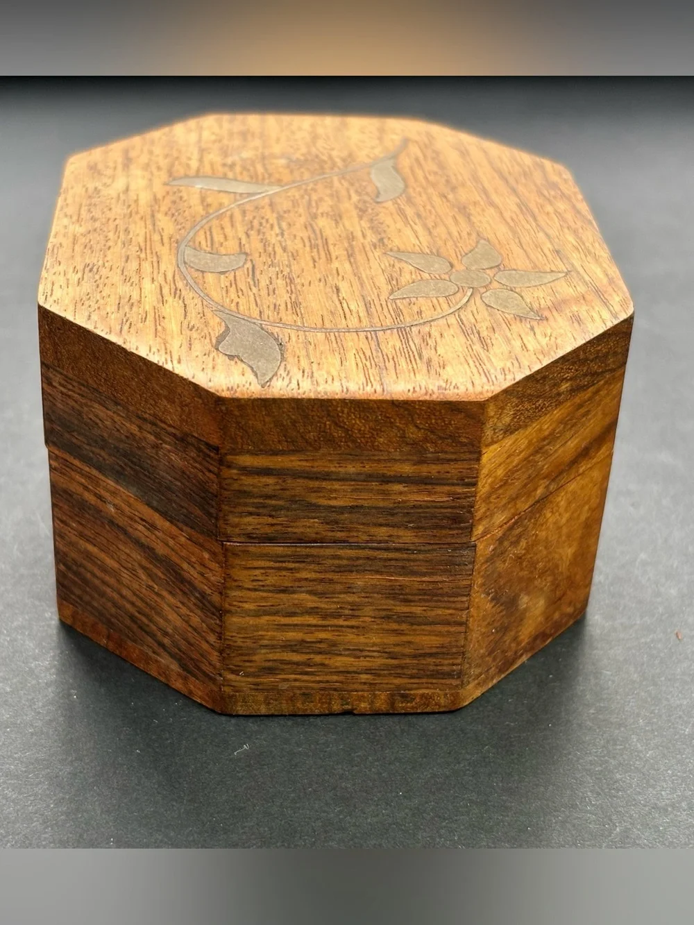 Octagonal Wood Jewelry Box with Inlaid Floral Detail